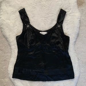 Bianca Nygard Black Silky Satin Tank Top Blouse w Silver Dangly Embellishments